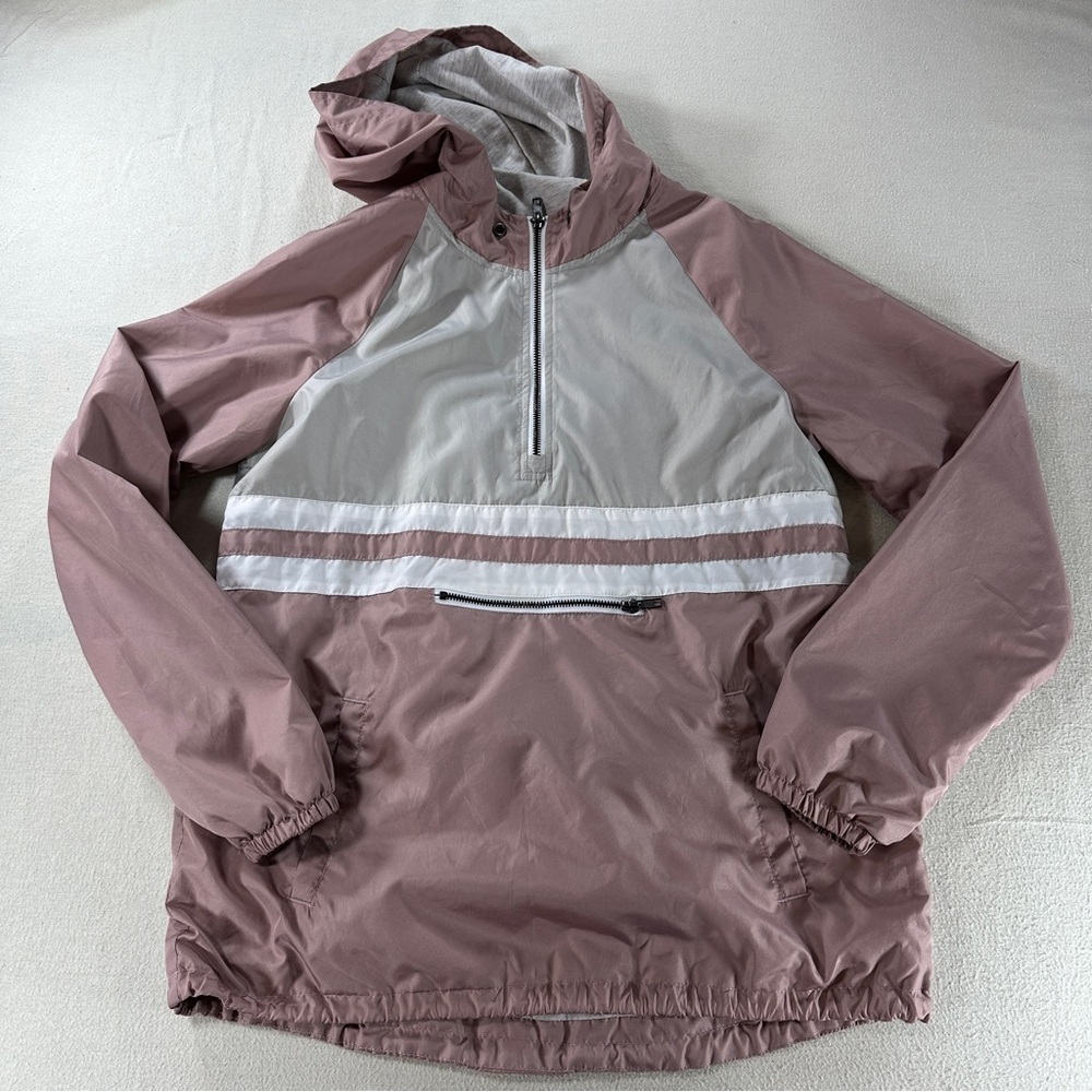 Zine Pink and Gray Striped Hooded Windbreaker Sz S
